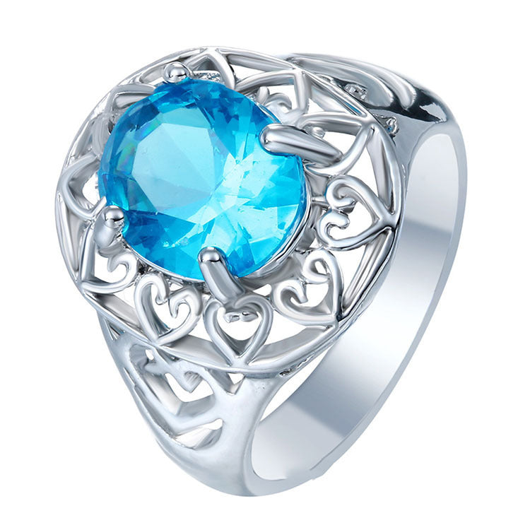 Inlaid Light Blue Drill Hollowed Out Heart Ring Ring For Men And Women