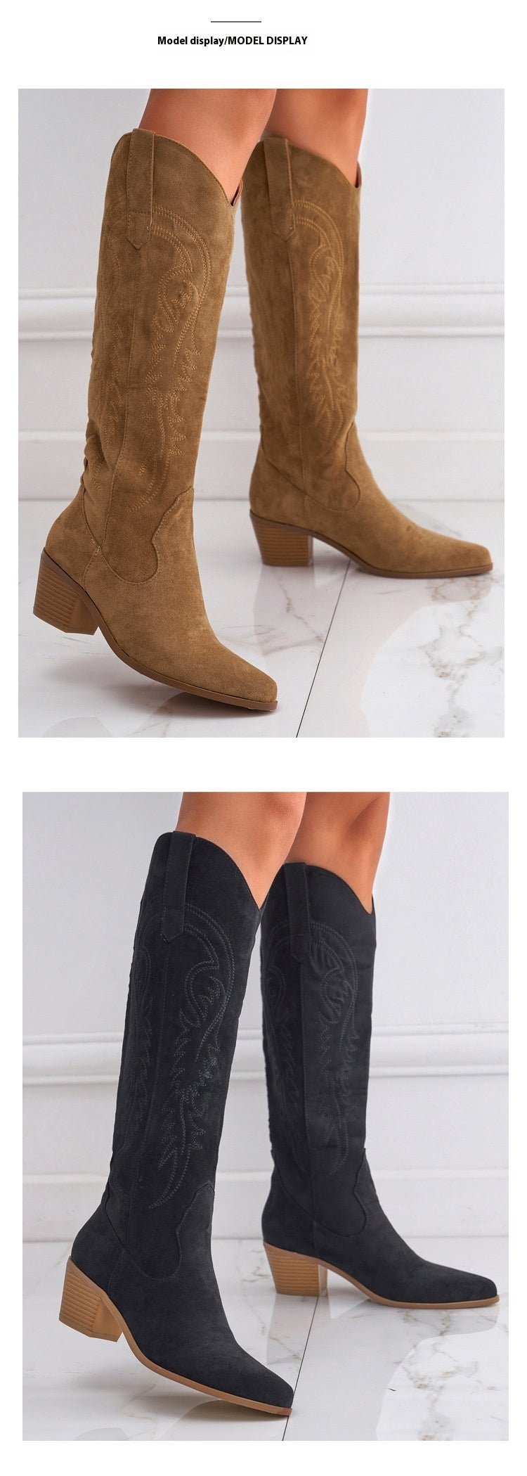 Chunky Heel Knee-high Embroidery Slip-on Middle Boots