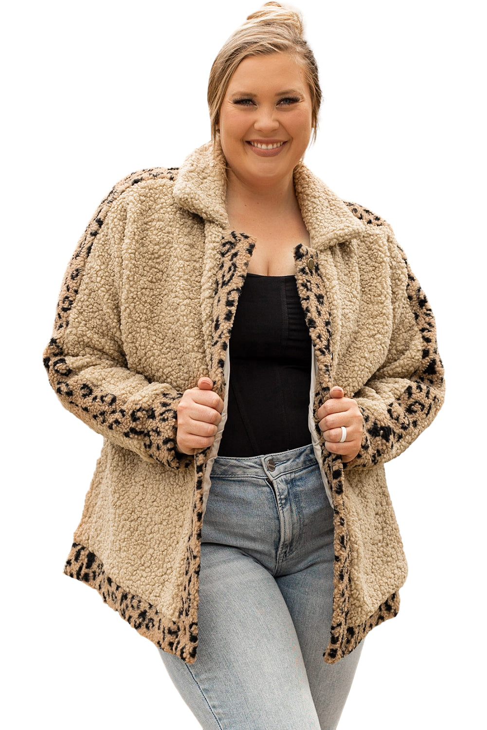 Khaki Plus Size Leopard Trim Button up Sherpa Jacket