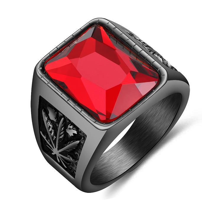 Maple Leaf Black Ruby Stainless Steel Ring For Men