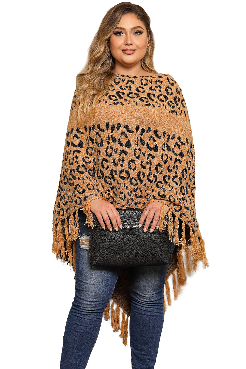 Leopard Plus Size Tasseled Hem Draped Poncho