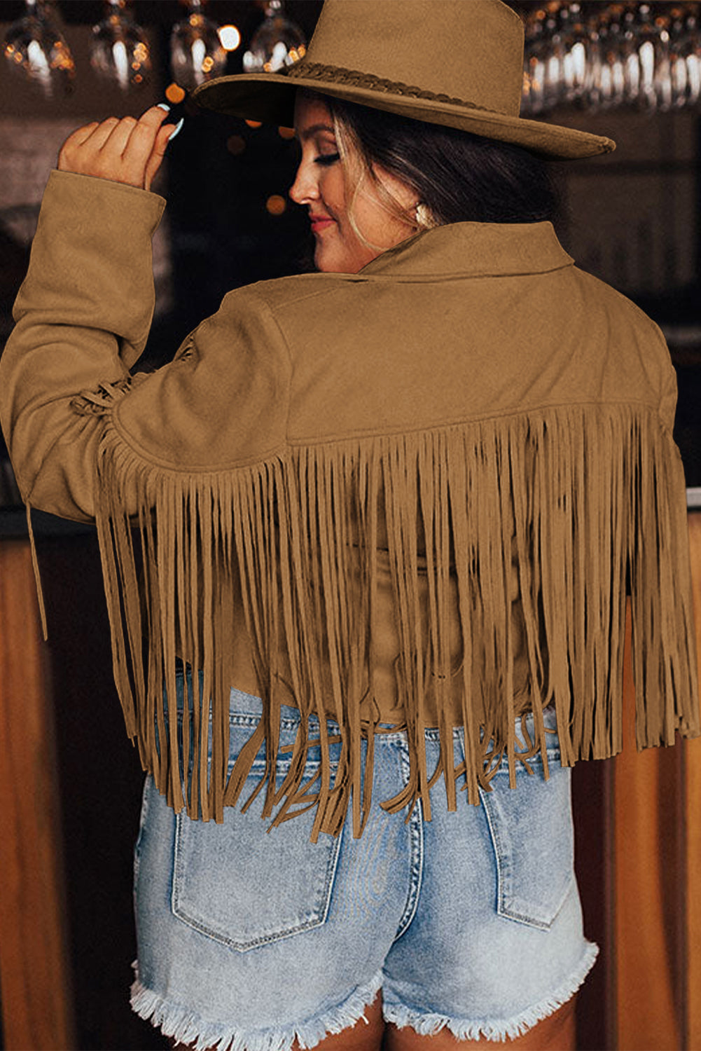 Camel Fringe Plus Size Cropped Jacket