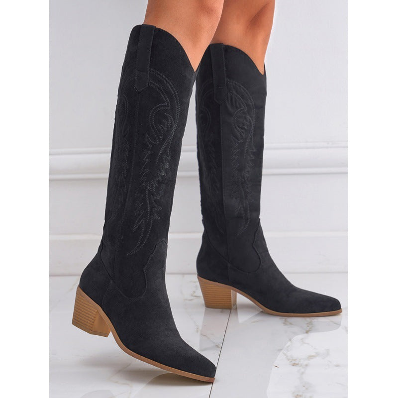 Chunky Heel Knee-high Embroidery Slip-on Middle Boots