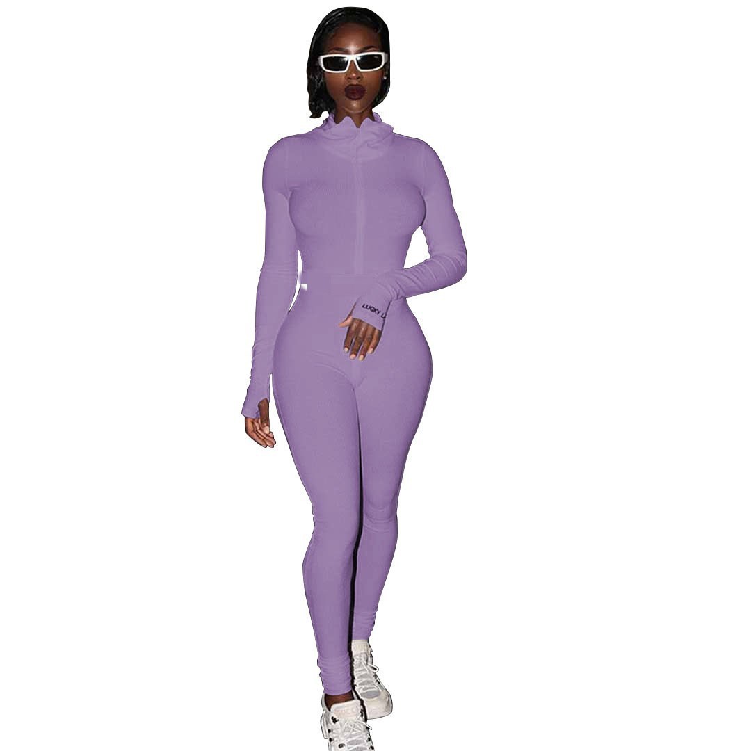 Women's Zipper Stretch Turtleneck And Embroidered Slim Fit Fitness Jumpsuit Yoga Suit