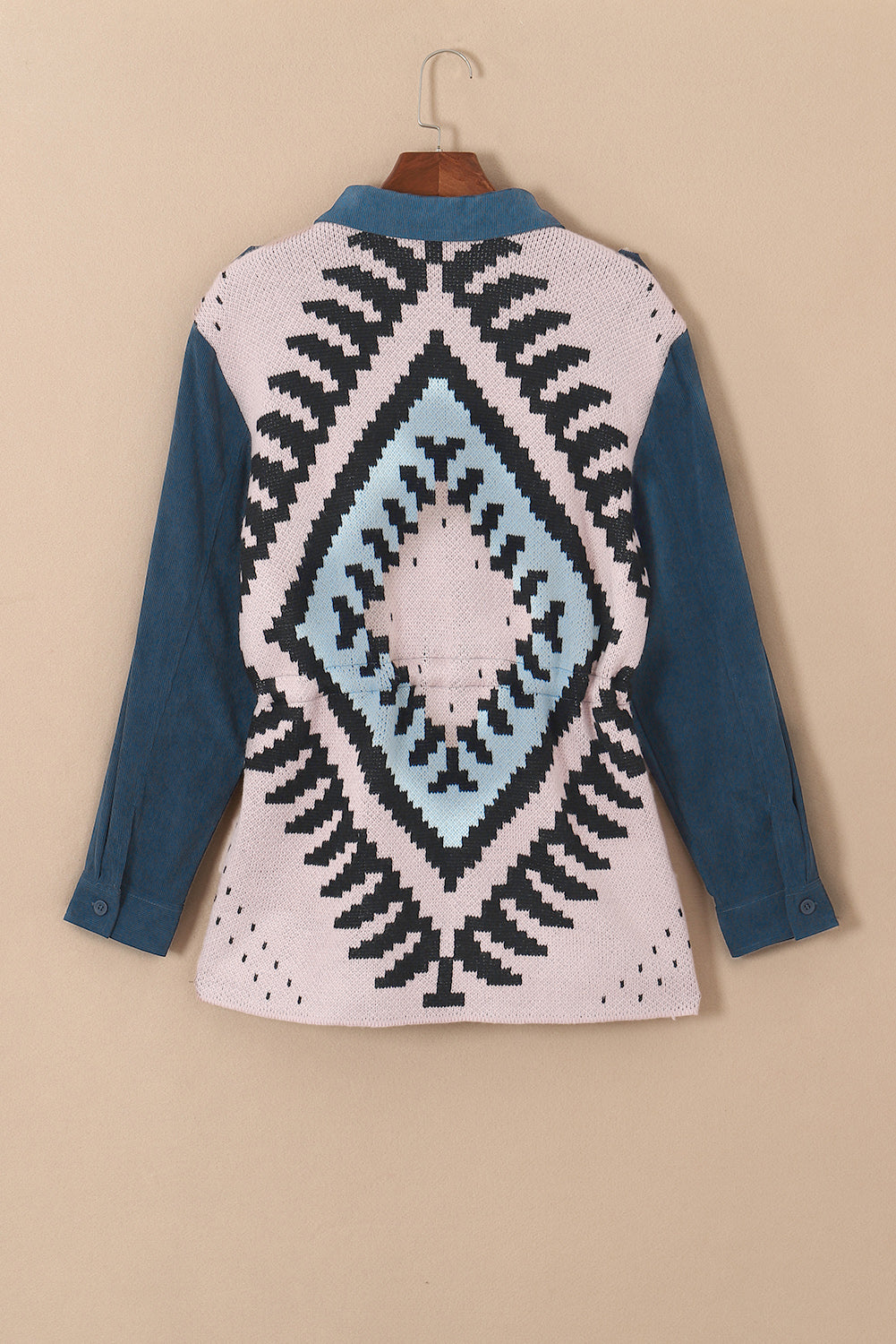 Blue Plus Size Corduroy Jacquard Knit Aztec Back Jacket