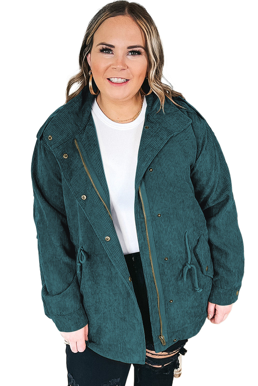 Black Plus Size Button Zipped Corduroy Jacket