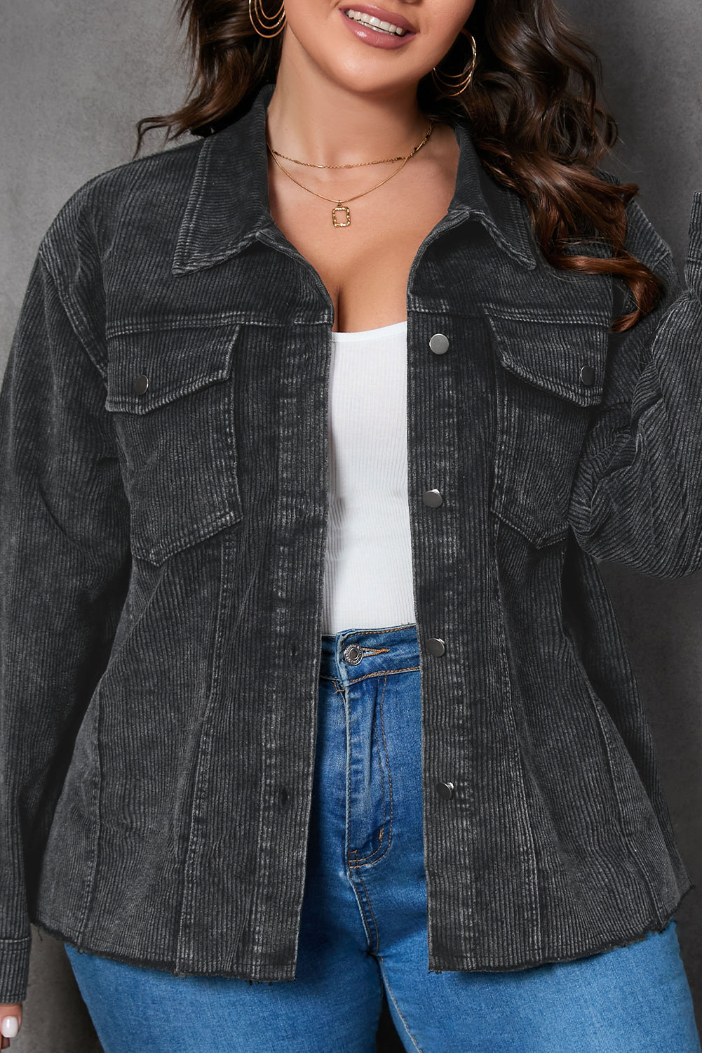 Gray Plus Size Flap Pocket Raw Edge Corduroy Jacket