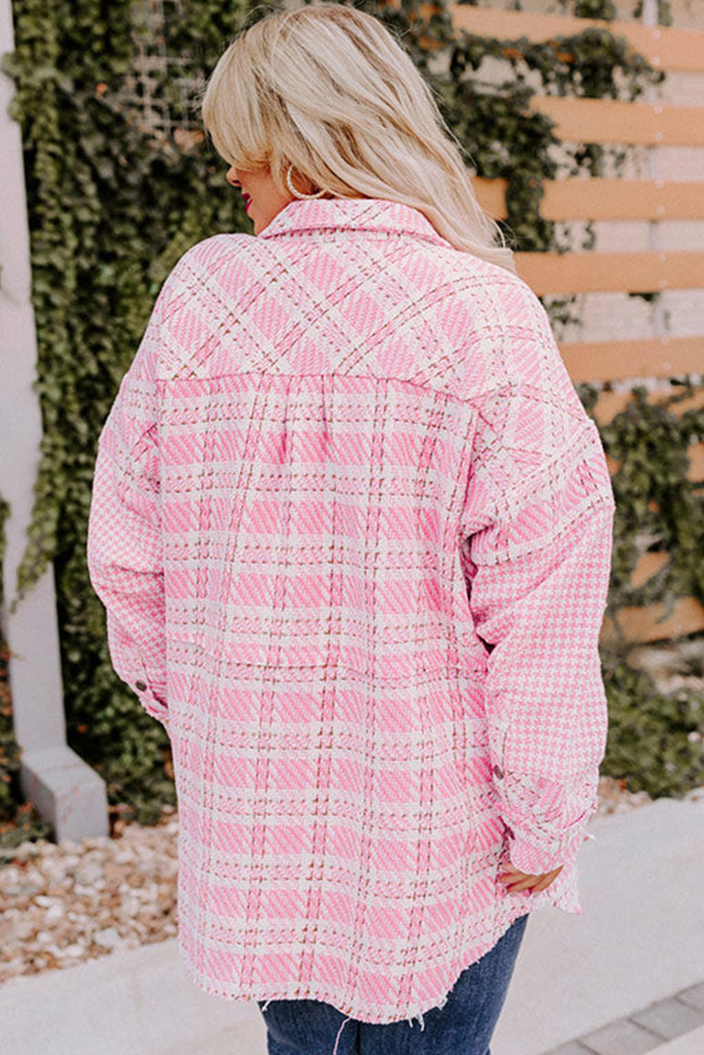 Pink Plus Size Tweed Plaid Houndstooth Print Jacket