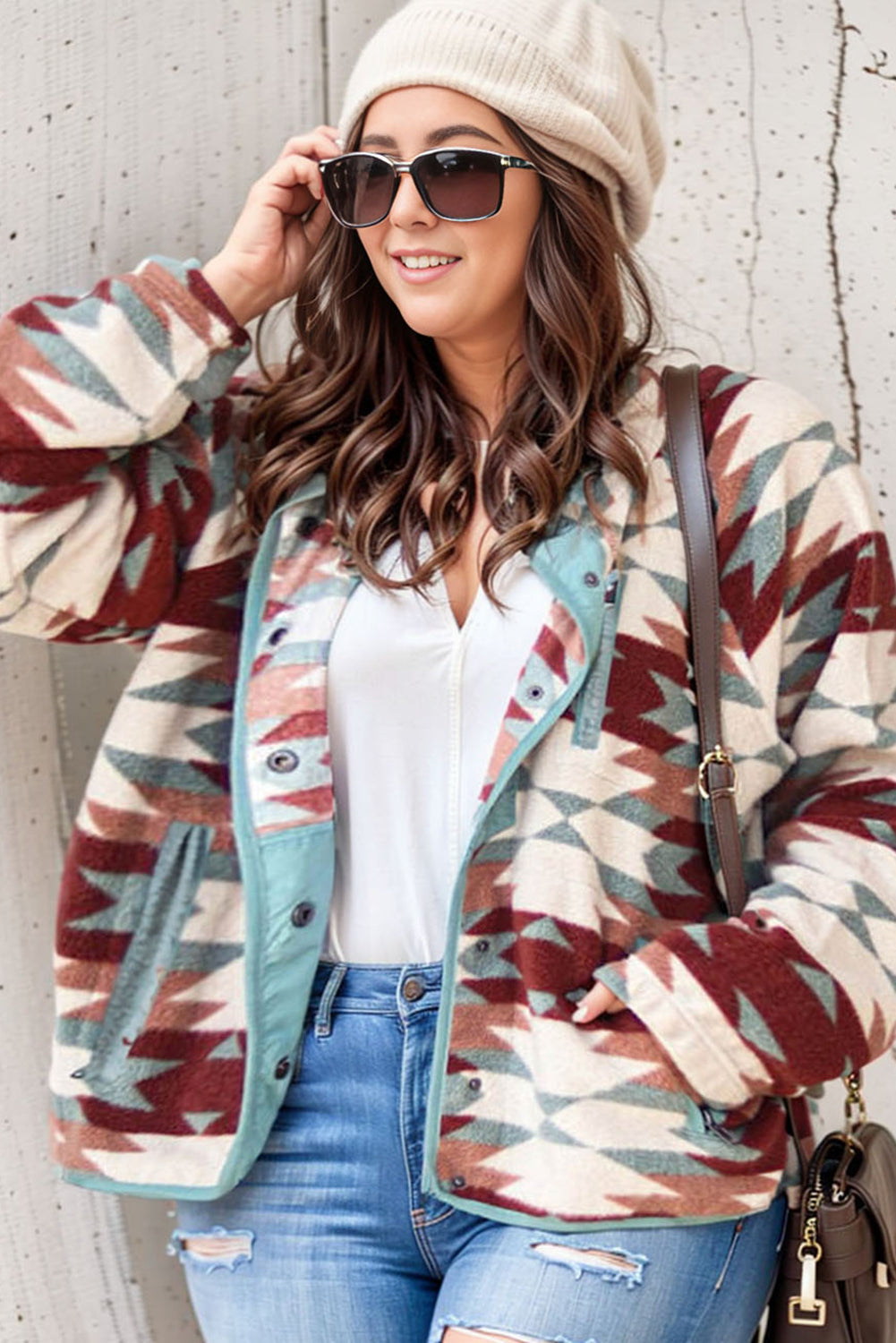 Green Geometric Aztec Pattern Plus Size Fleece Jacket