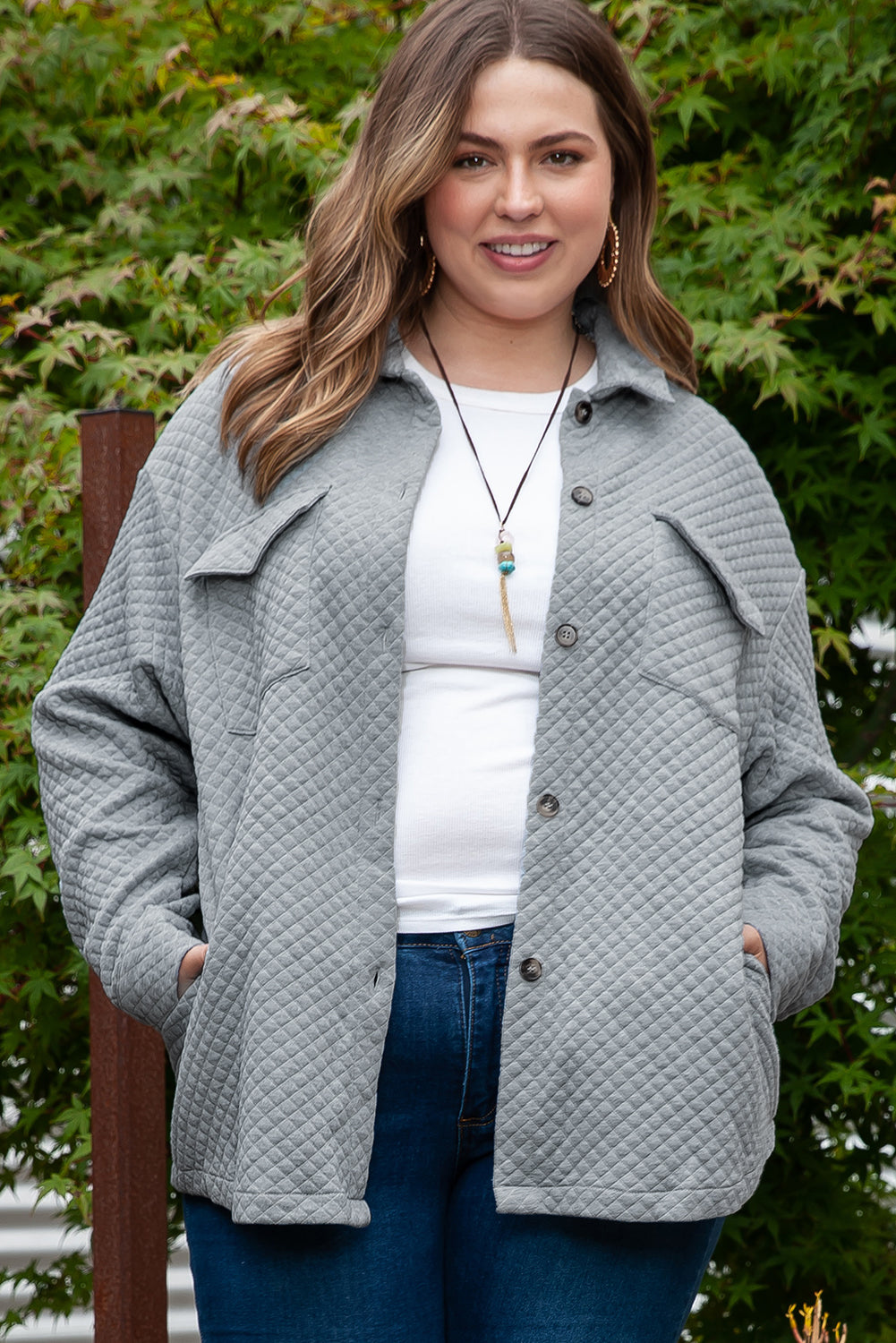 Gray Plus Size Quilted Pattern Shacket