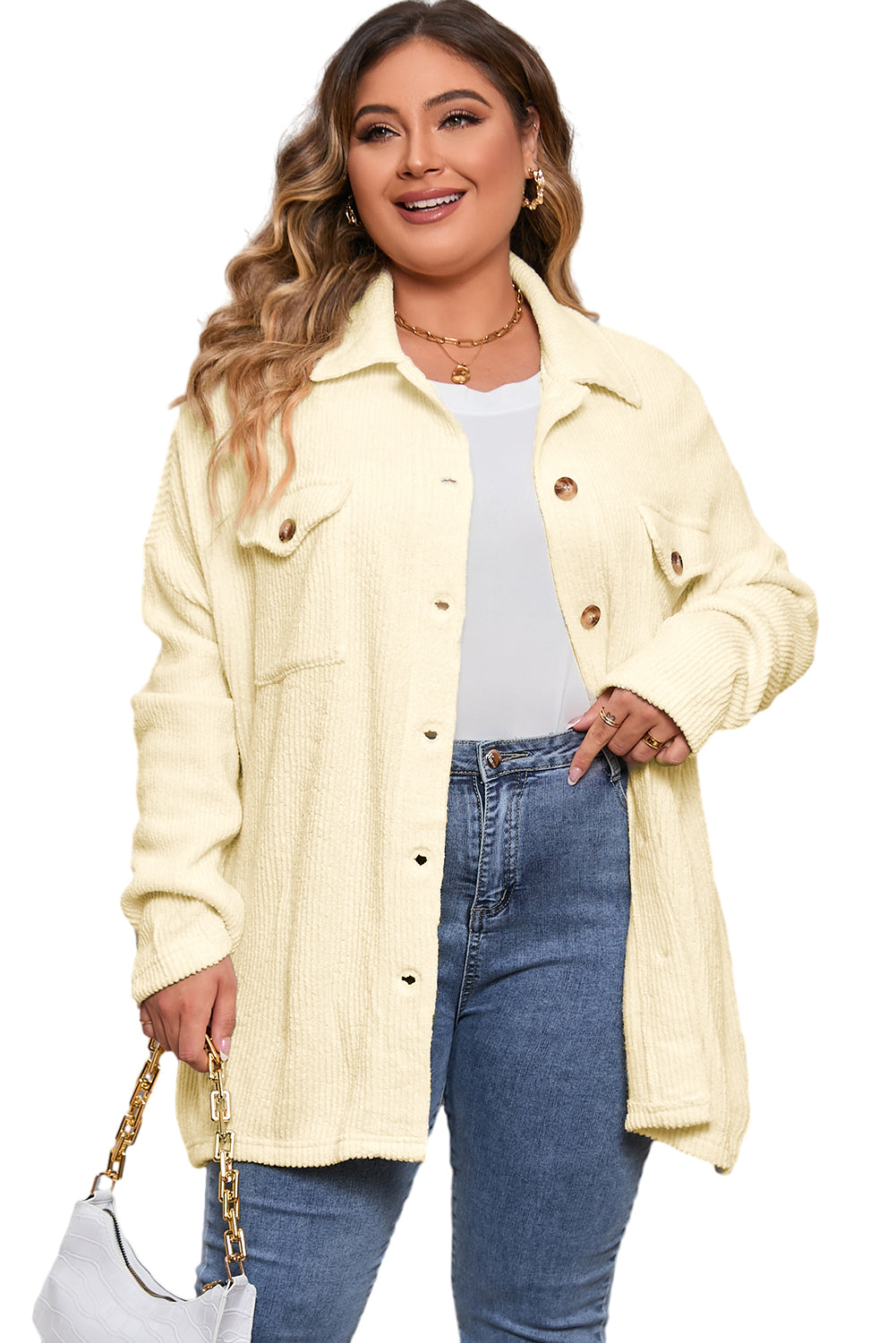 Beige Plus Size Ribbed Flap Pocket Collared Knit Jacket