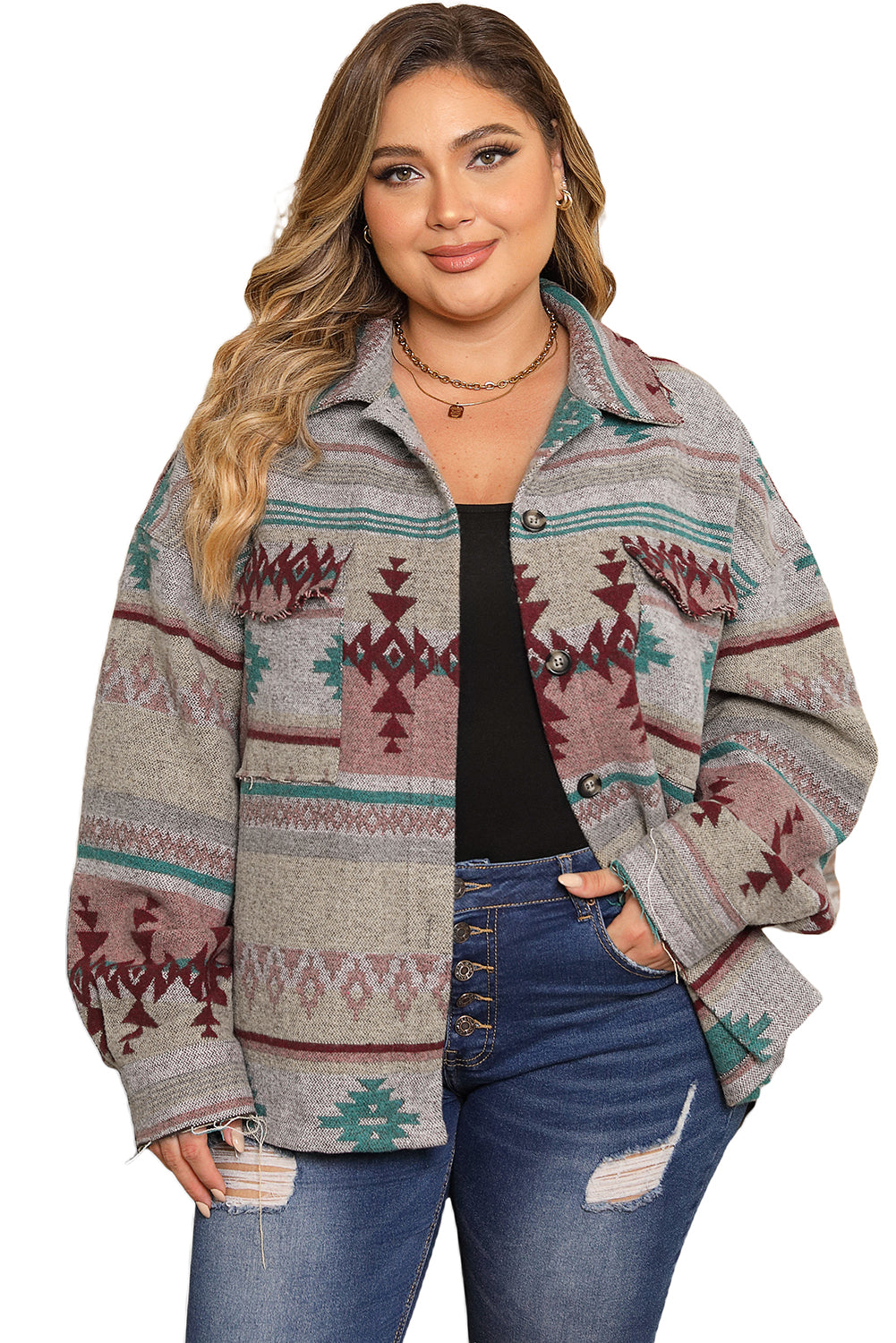 Plus Size Western Aztec Print Button up Jacket