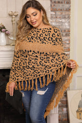 Leopard Plus Size Tasseled Hem Draped Poncho