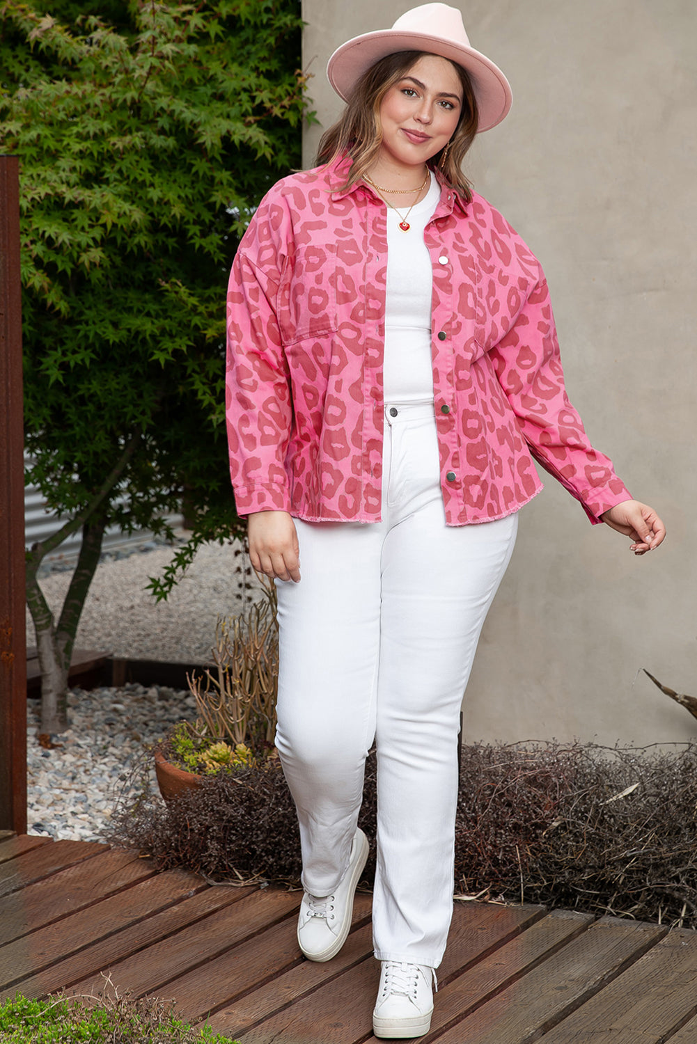 Pink Plus Size Leopard Print Button Cuffs Raw Hem Jacket