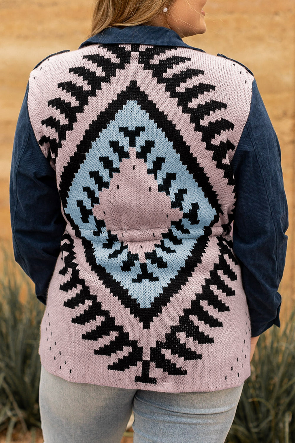 Blue Plus Size Corduroy Jacquard Knit Aztec Back Jacket