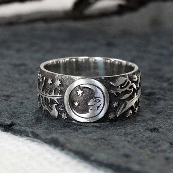 Thai Silver Flower Sun Moon Ring For Men And Women