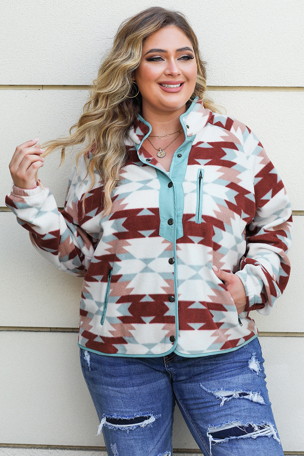 Green Geometric Aztec Pattern Plus Size Fleece Jacket