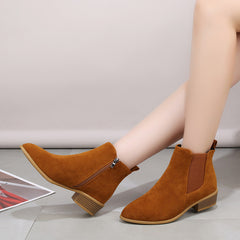 British Solid Color Suede Pointed Square Heel Martin Boots