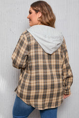 Camel Plus Size Plaid Print Drawstring Hooded Shacket