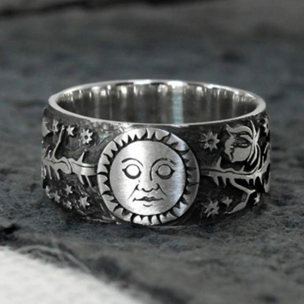 Thai Silver Flower Sun Moon Ring For Men And Women