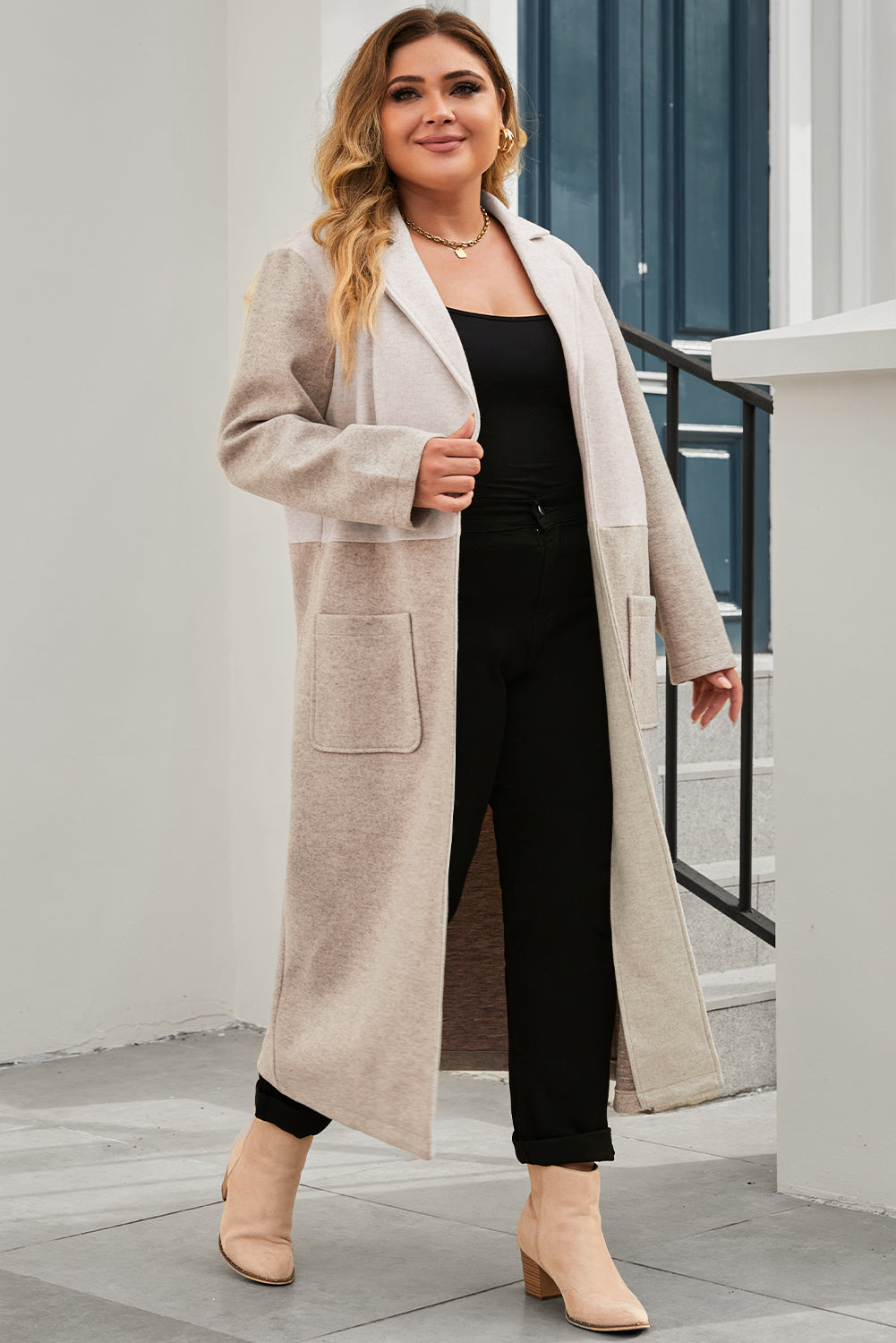 Khaki Plus Size Colorblock Lapel Collar Long Coat