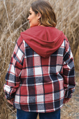 Red Printed Plus Size Plaid Button up Hooded Jacket