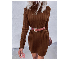 Women's Pit Strip Turtleneck Long Sleeve Loose Sweater Dress