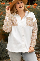 White Plus Size Tweed Patchwork Raw Hem Jacket