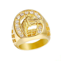 Titanium Steel Gold Plated Diamond Horse Head Ring For Men