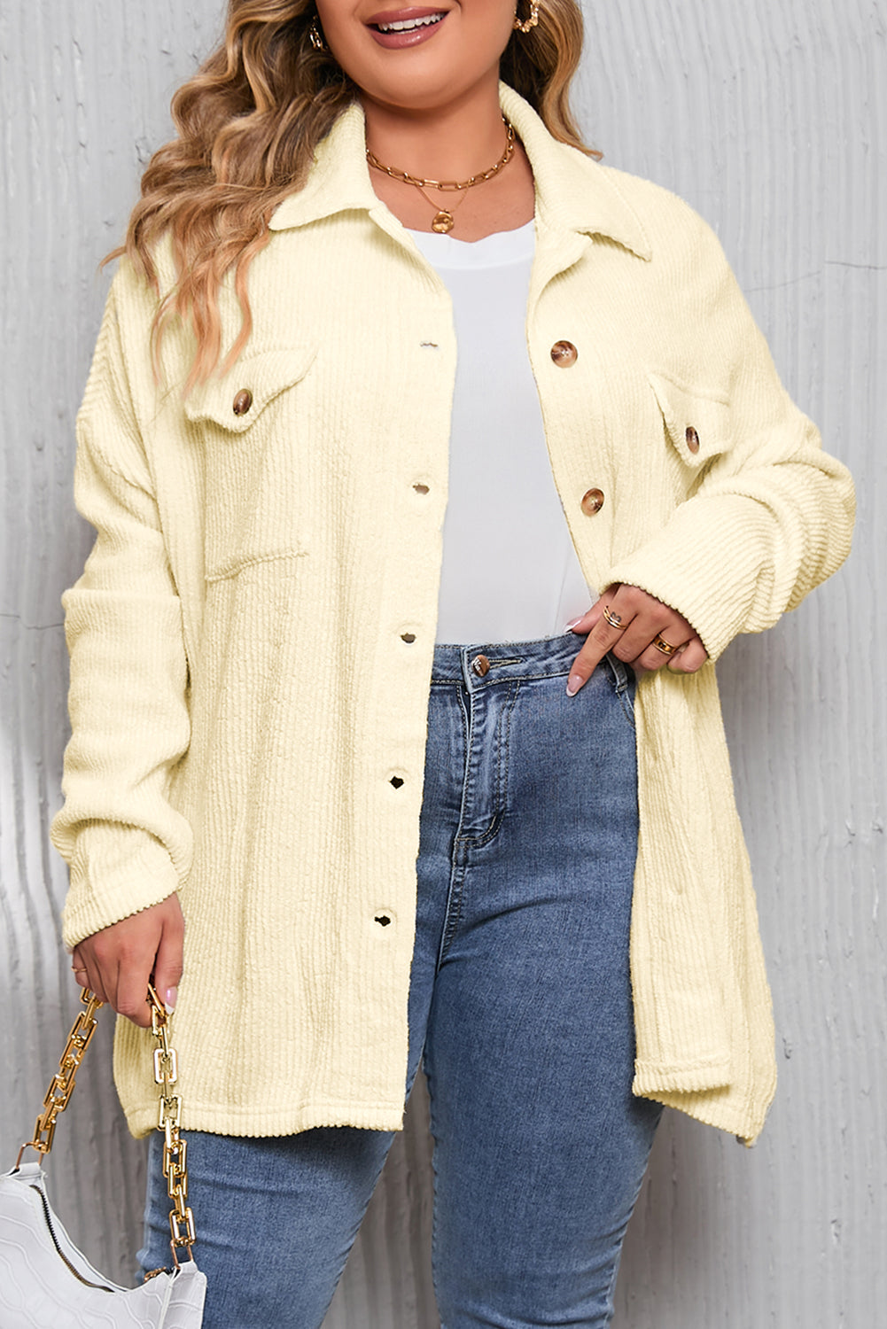 Beige Plus Size Ribbed Flap Pocket Collared Knit Jacket