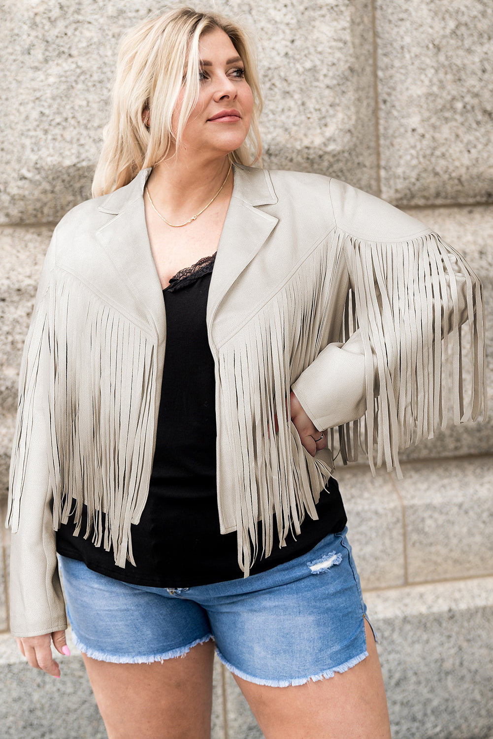 Camel Fringe Plus Size Cropped Jacket