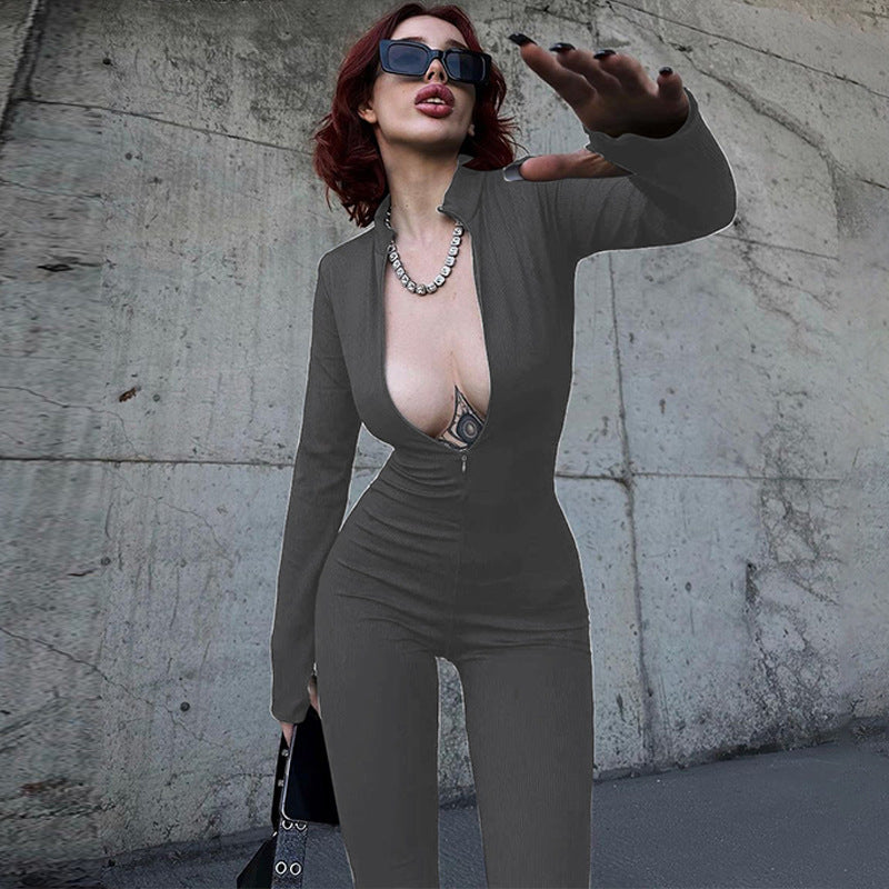 Women's Fashion Personality Chest Zipper Slim-fit Long-sleeved Stretch Bottoming Jumpsuit