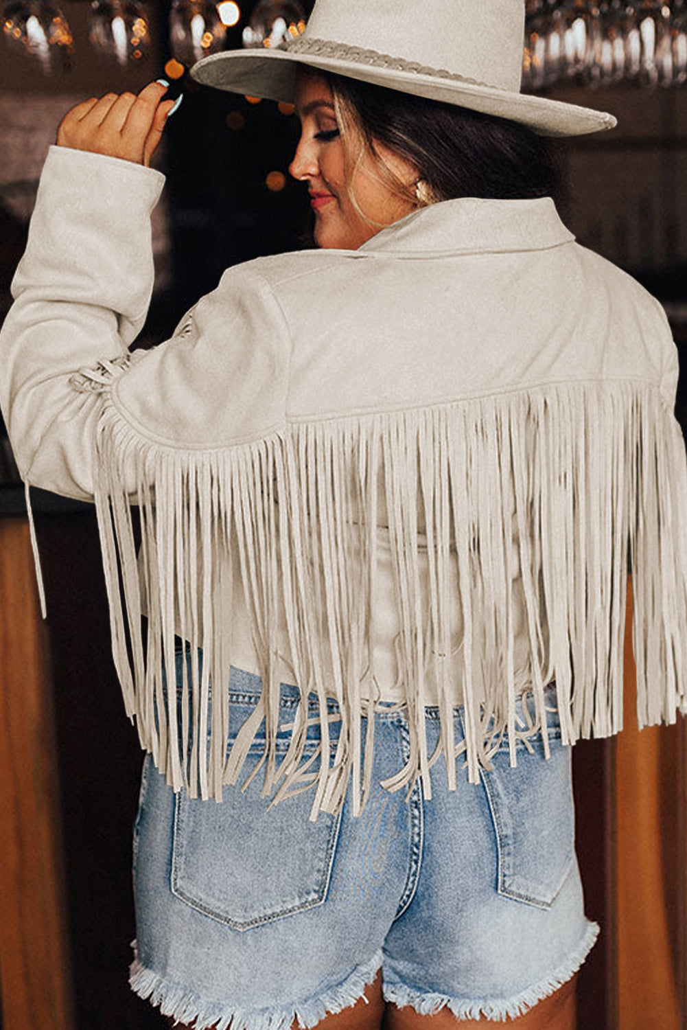 Camel Fringe Plus Size Cropped Jacket