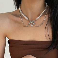 Women's Bow Stitching Pearl Necklace