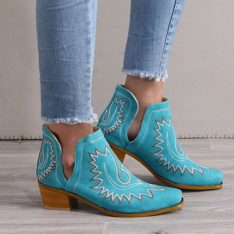 New Pointed Embroidered Chunky Heel Women's Pointed-toe Short Tube Boots