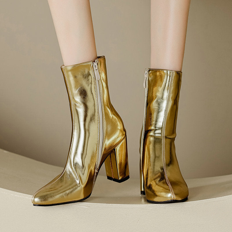 Pointed Toe Thick Heel Super High Heel Side Zipper Gold And Silver Color Middle Boots