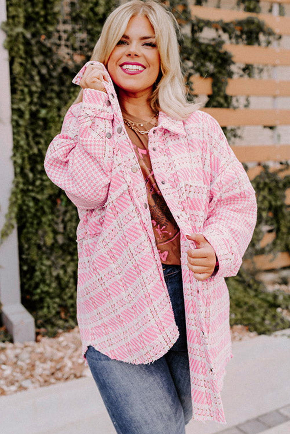 Pink Plus Size Tweed Plaid Houndstooth Print Jacket