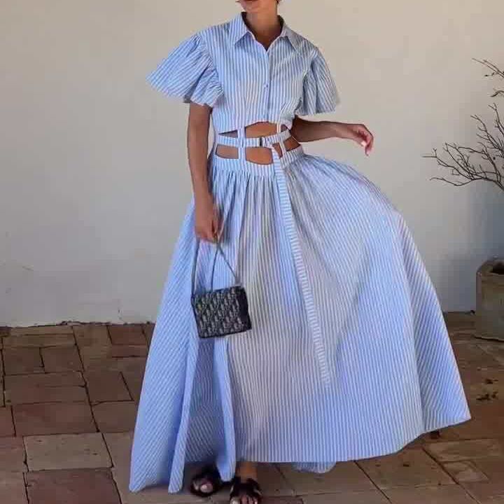 Retro Trendy Unique Navel Ripped Belt Suit Skirt