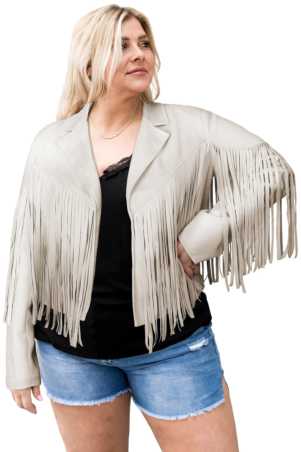 Camel Fringe Plus Size Cropped Jacket