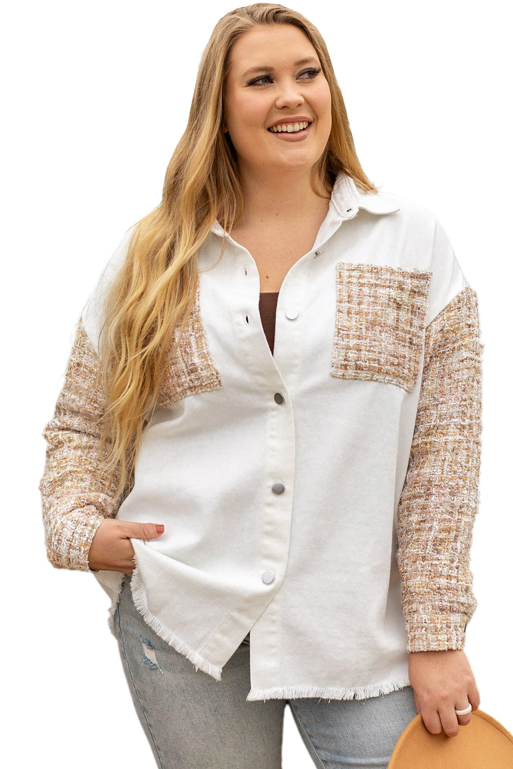 White Plus Size Tweed Patchwork Raw Hem Jacket