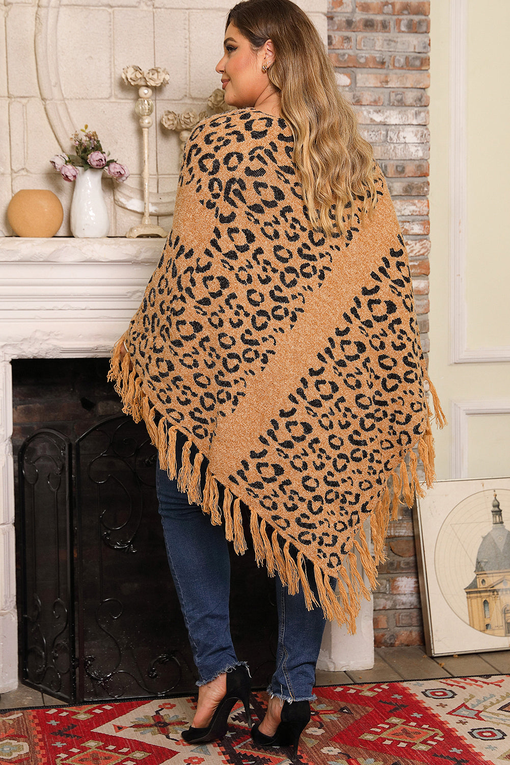 Leopard Plus Size Tasseled Hem Draped Poncho