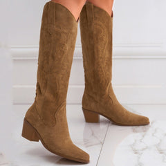 Chunky Heel Knee-high Embroidery Slip-on Middle Boots