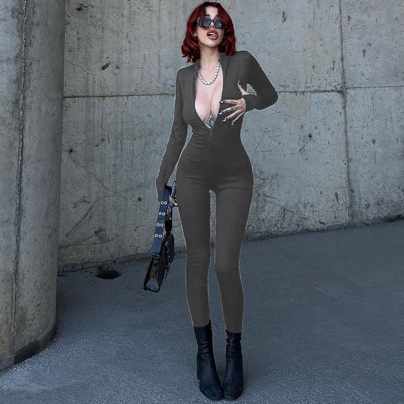 Women's Fashion Personality Chest Zipper Slim-fit Long-sleeved Stretch Bottoming Jumpsuit