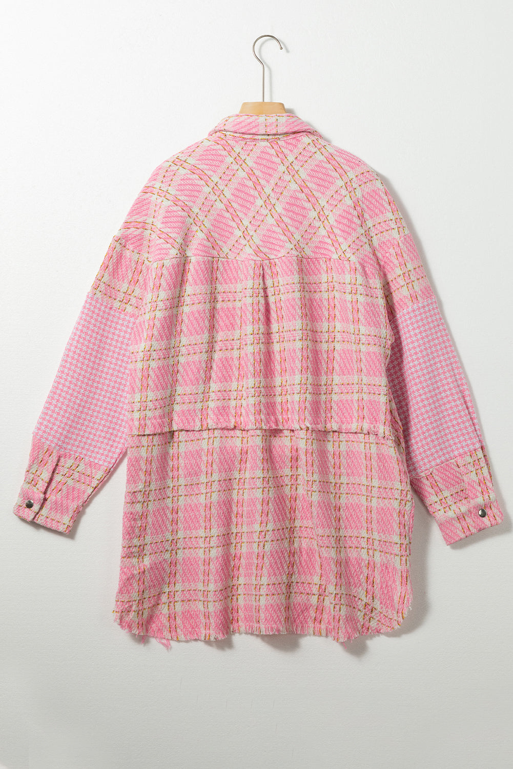 Pink Plus Size Tweed Plaid Houndstooth Print Jacket