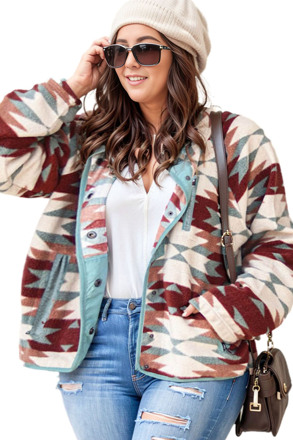 Green Geometric Aztec Pattern Plus Size Fleece Jacket