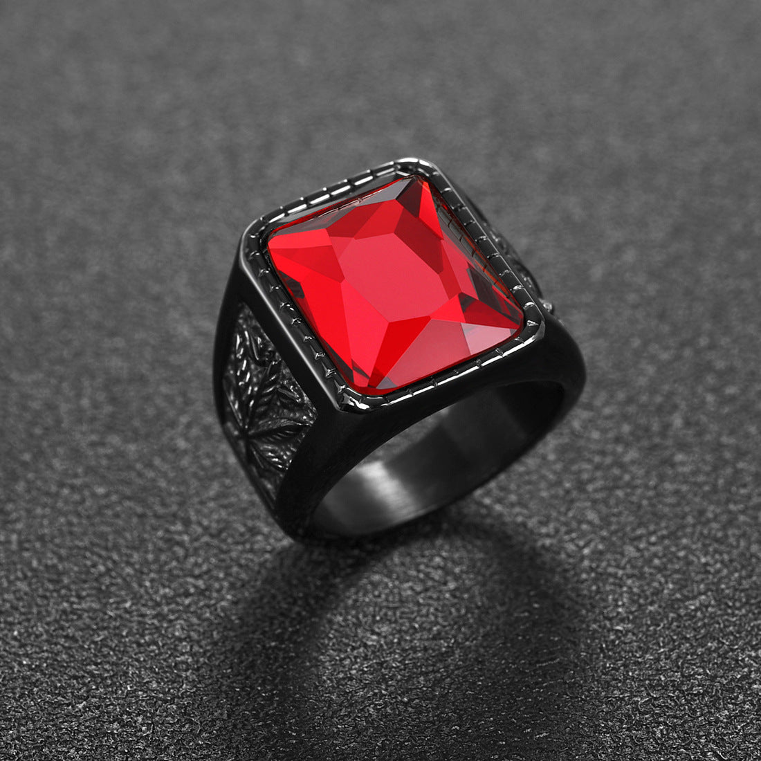 Maple Leaf Black Ruby Stainless Steel Ring For Men