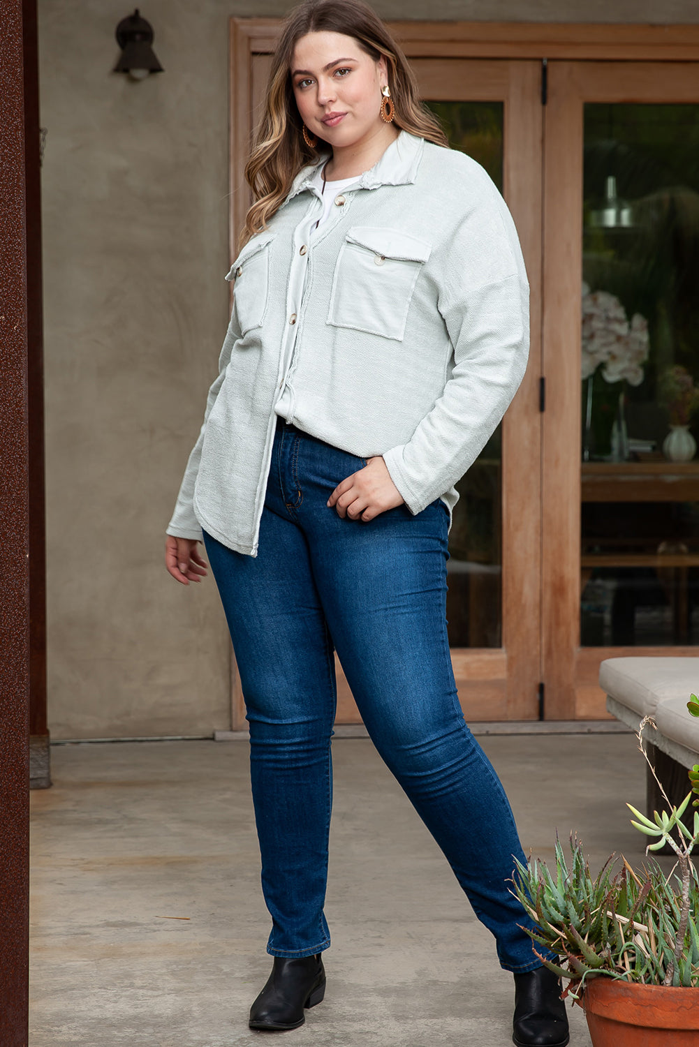 Gray Exposed Seam Flap Pocket Plus Size Shacket