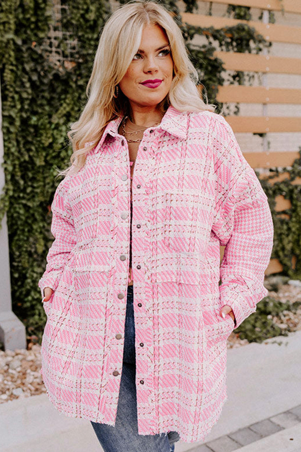 Pink Plus Size Tweed Plaid Houndstooth Print Jacket