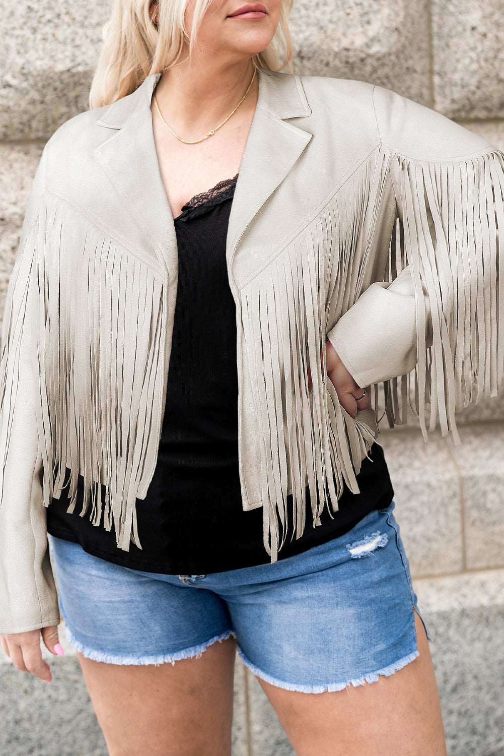 Camel Fringe Plus Size Cropped Jacket