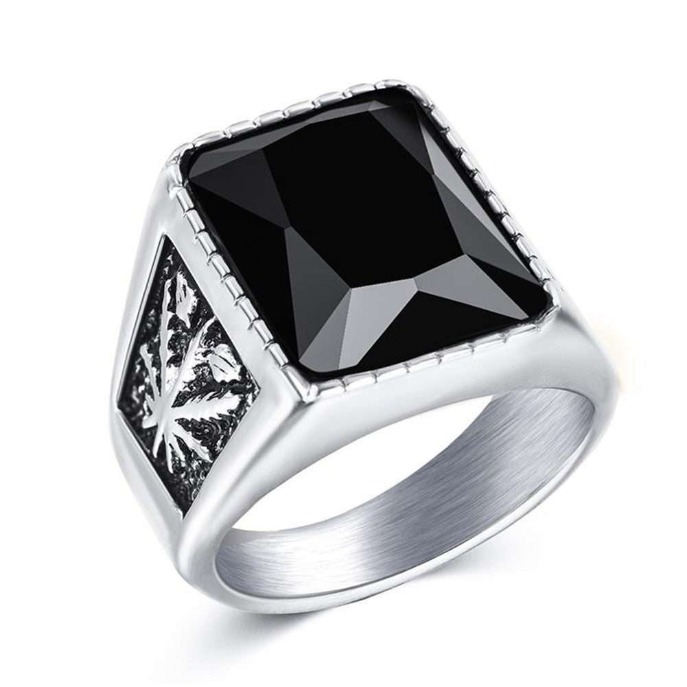 Maple Leaf Black Ruby Stainless Steel Ring For Men